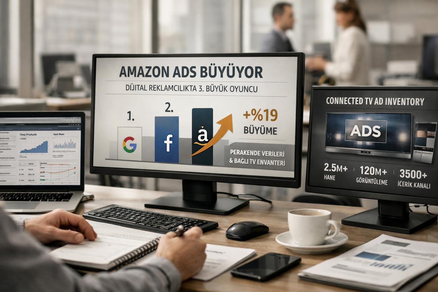 amazon, dijital reklamcılık sektöründe üçüncü büyük oyuncu olarak konumunu güçlendiriyor ve pazar payını artırıyor.